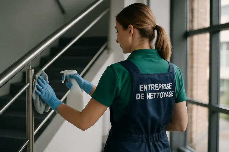 Bureau propre à Commercy avec des produits de nettoyage disposés sur une table.