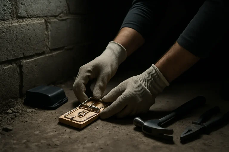 Des mains gantées installant un piège à rats dans une cave infestée, lumière neutre.