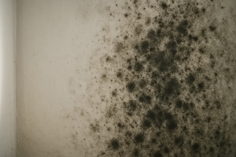 Gros plan sur un mur intérieur avec moisissures, lumière naturelle douce.