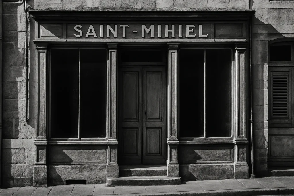 Photo noir et blanc d'un local commercial à Saint-Mihiel avec détails architecturaux