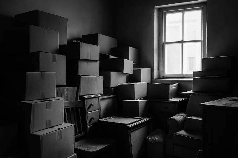 Pièce encombrée avec cartons et meubles, éclairée par une fenêtre, en noir et blanc.