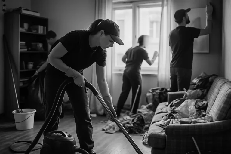 Équipe de nettoyage en action dans un appartement encombré avec lumière naturelle.
