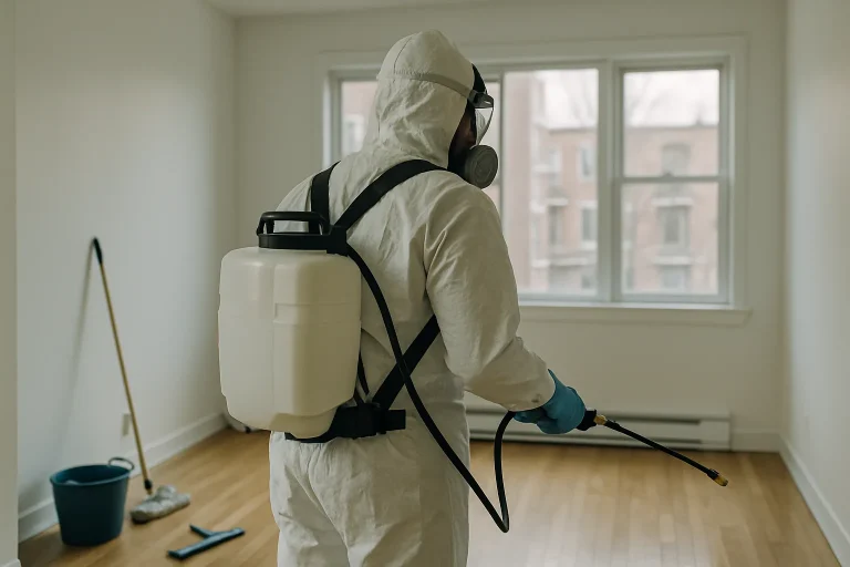 Agent de nettoyage de dos avec équipement spécialisé dans un appartement à Verdun, lumière douce.