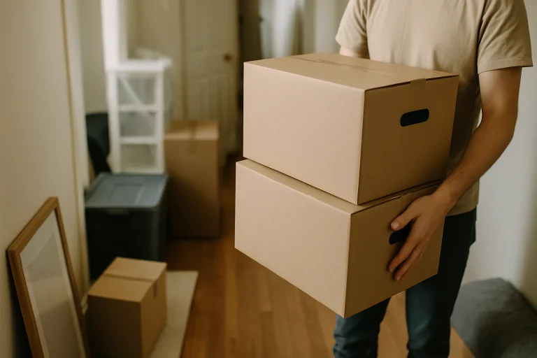 Des mains portant des cartons à travers un couloir encombré, lumière douce.