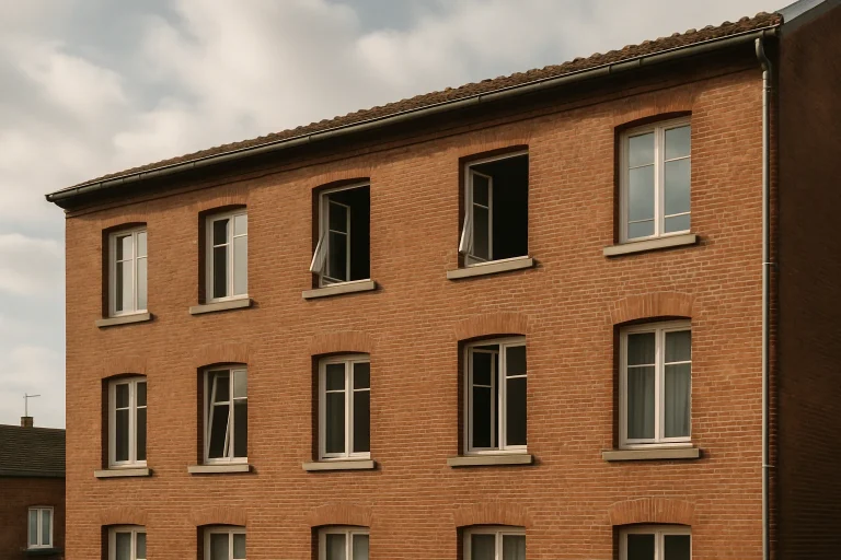 Façade d'un immeuble à Bar-le-Duc avec fenêtres ouvertes, ciel nuageux