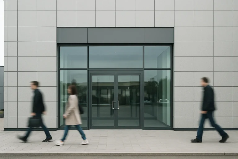 Façade d'un bâtiment moderne à Commercy, lumière du jour, passants flous