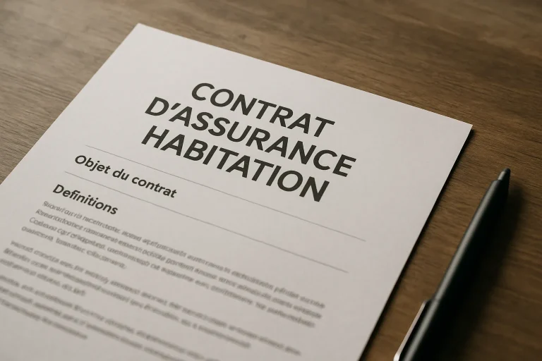 Gros plan d'un contrat d'assurance habitation avec un stylo sur une table en bois.
