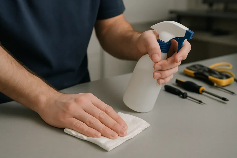 Technicien appliquant un désinfectant sur une surface après un nettoyage post-mortem.