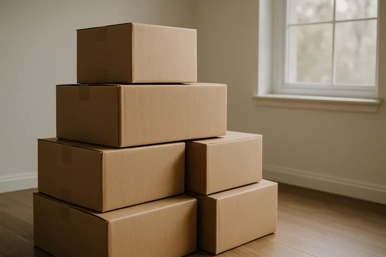 Cartons empilés dans un salon vide à Verdun, lumière naturelle douce.