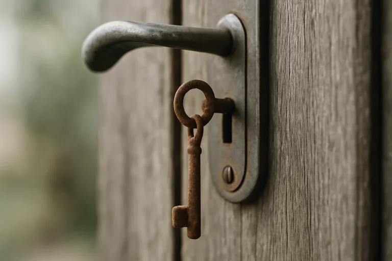 Gros plan d'une clé rouillée sur une poignée usée, symbolisant le nettoyage post-expulsion.