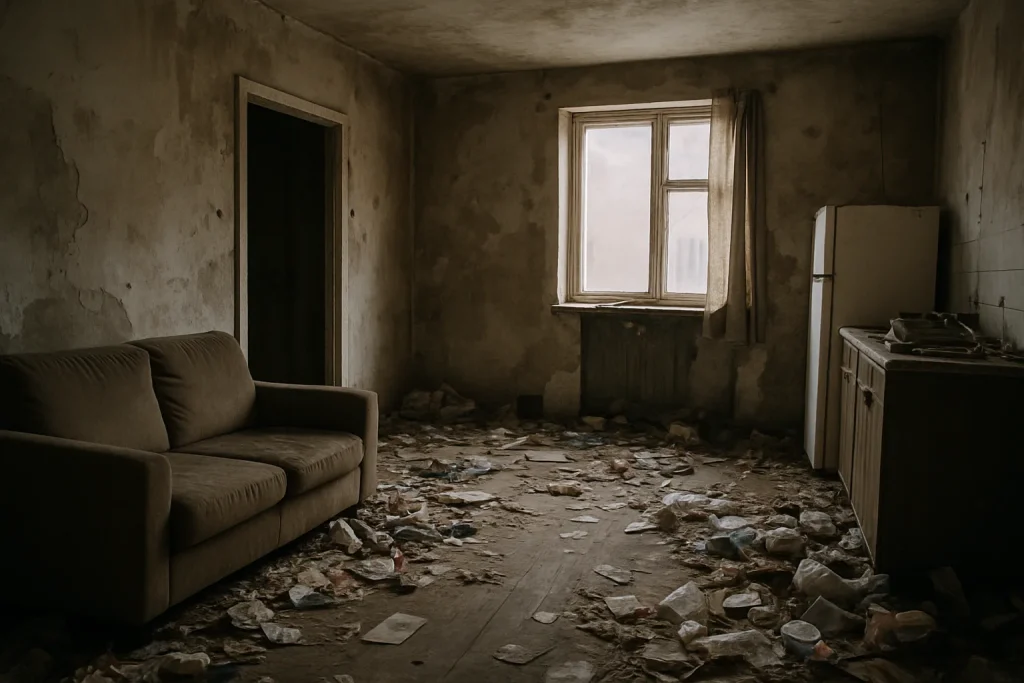 Appartement insalubre avec murs délabrés et sol encombré, lumière douce.