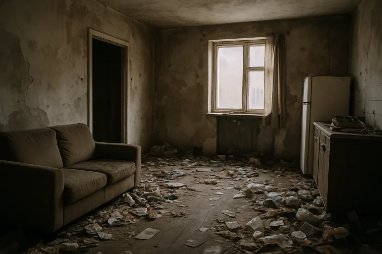 Appartement insalubre avec murs délabrés et sol encombré, lumière douce.