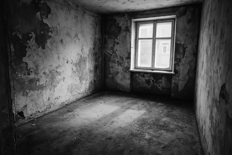 Appartement vide avec murs abîmés et sol sale, lumière naturelle par une fenêtre.