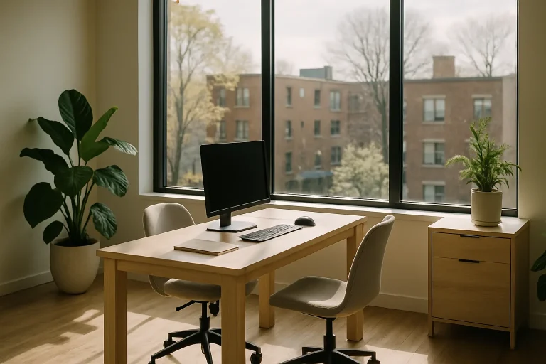 Un bureau moderne à Verdun avec mobilier en bois clair et lumière du matin.