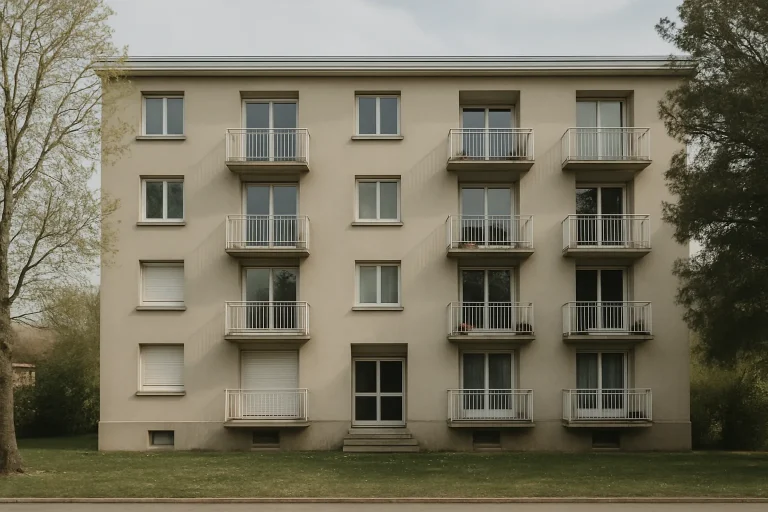 Façade d'un immeuble résidentiel en Meuse, lumière du jour, arbres visibles.