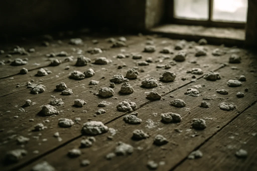 Surface en bois d'un grenier avec des fientes de pigeons éclairée par une lumière naturelle.