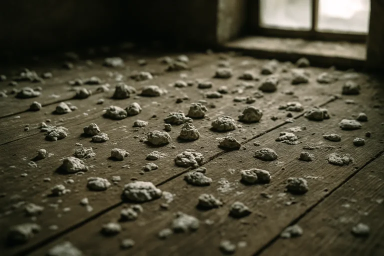 Surface en bois d'un grenier avec des fientes de pigeons éclairée par une lumière naturelle.