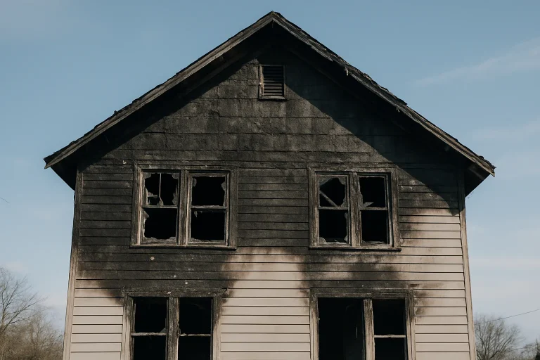 Façade d'une maison noircie par un incendie à Revigny-sur-Ornain, fenêtres brisées.