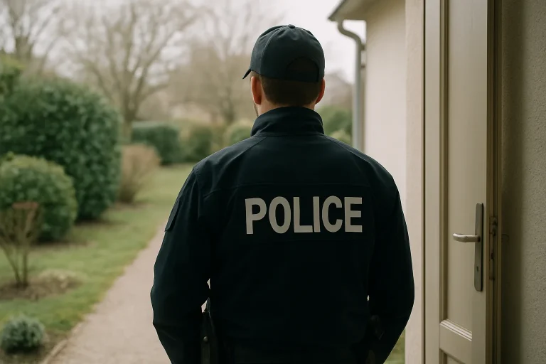 Silhouette d'un agent de police de dos devant une maison à Étain, éclairée par une lumière douce.