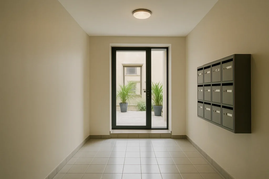 Hall d'immeuble à Saint-Mihiel avec murs peints et sol en carrelage brillant