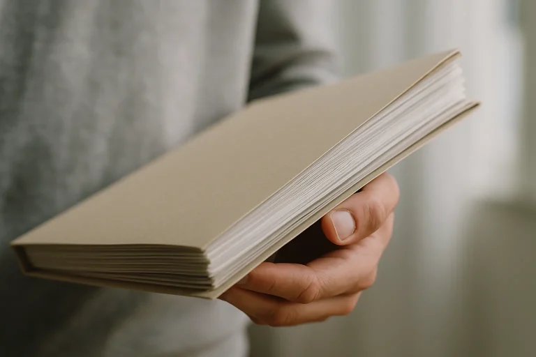 Main tenant un dossier de documents avec texture visible, arrière-plan flou