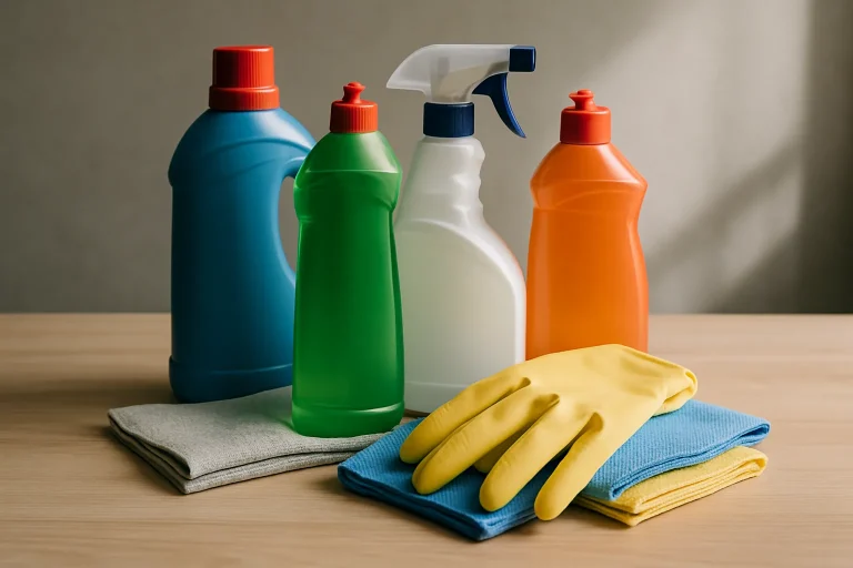 Flacons de produits de nettoyage professionnels sur une table avec gants et chiffons.