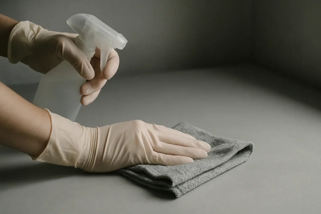 Mains gantées utilisant un désinfectant sur une surface lors d'une intervention.