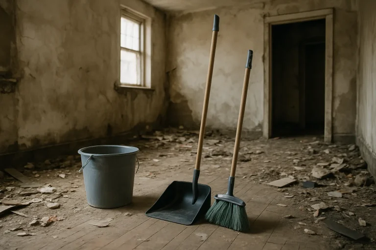 Intérieur d'un logement insalubre avec outils de nettoyage, lumière douce.