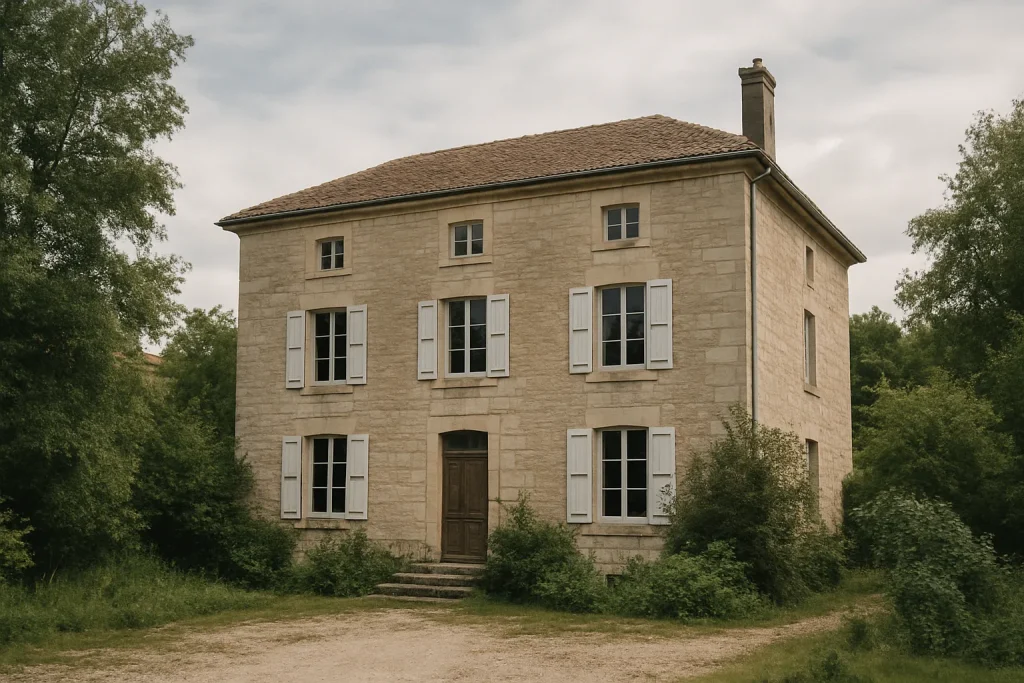 Vue extérieure d'un immeuble résidentiel en Meuse, entouré de végétation.