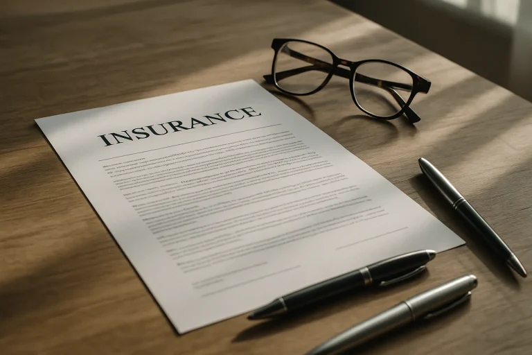 Gros plan d'un contrat d'assurance avec stylos et lunettes, lumière naturelle