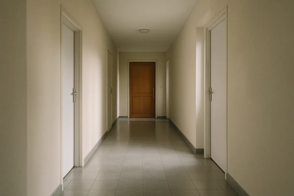 Couloir d'immeuble vide et nettoyé dans la Meuse, porte en bois visible