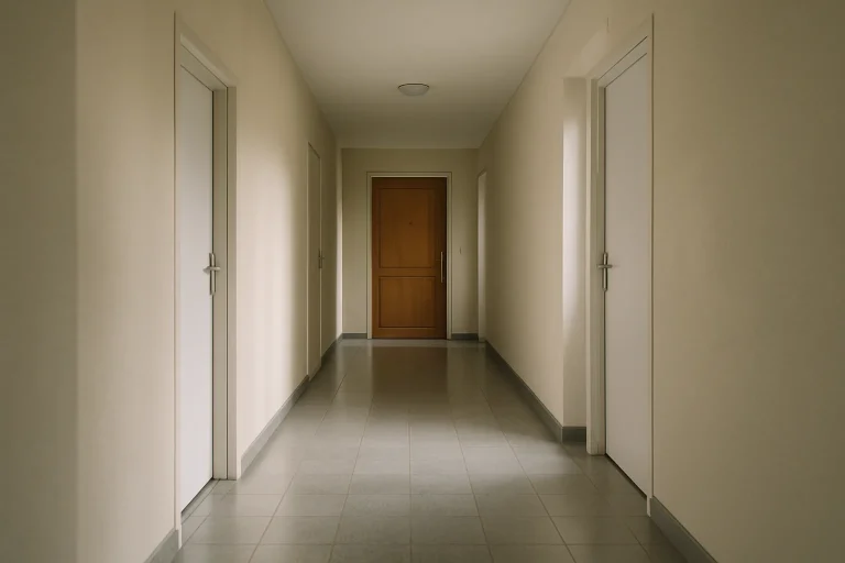 Couloir d'immeuble vide et nettoyé dans la Meuse, porte en bois visible