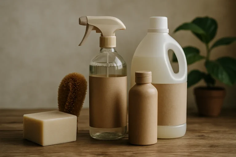 Produits de nettoyage écologiques sur une table en bois avec éclairage latéral doux.