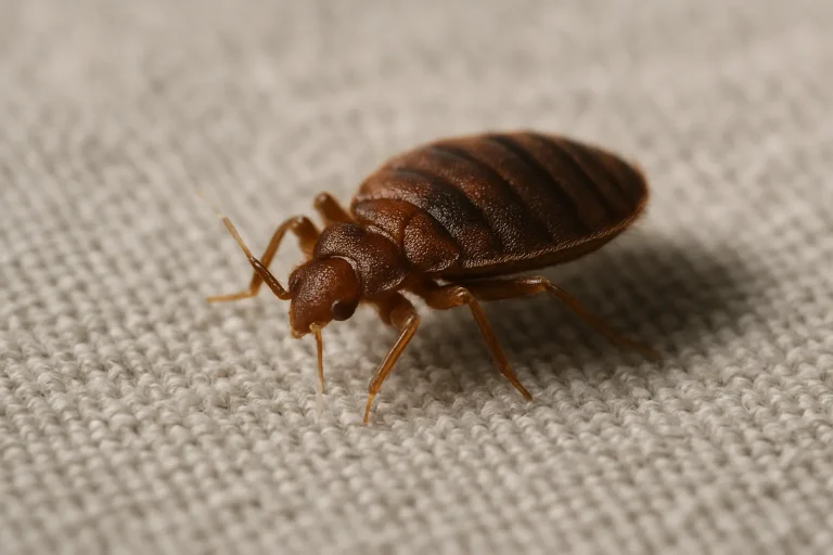 Gros plan d'une punaise de lit sur un tissu, détails visibles de l'insecte.