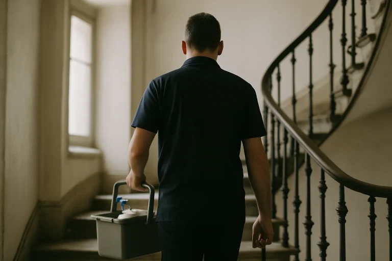 Silhouette floue d'un professionnel avec une mallette de nettoyage dans un immeuble ancien.