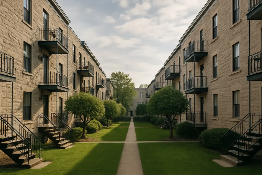 Cour d'une copropriété à Verdun, bâtiments en pierre, arbres, lumière matinale
