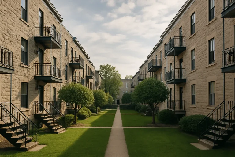 Cour d'une copropriété à Verdun, bâtiments en pierre, arbres, lumière matinale