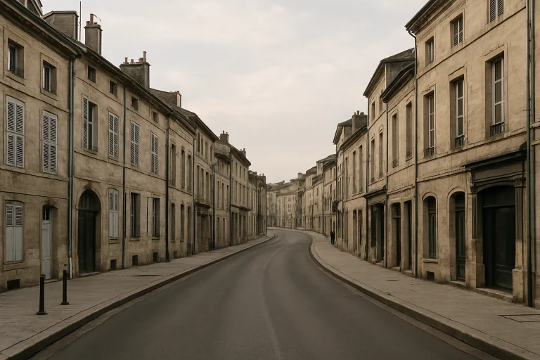 Rue de Bar-le-Duc avec bâtiments anciens, lumière du matin, peu de passants.