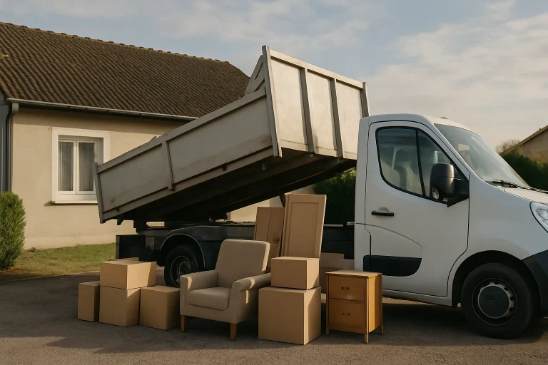 Camion de débarras devant une maison en Meuse avec meubles et cartons à évacuer.
