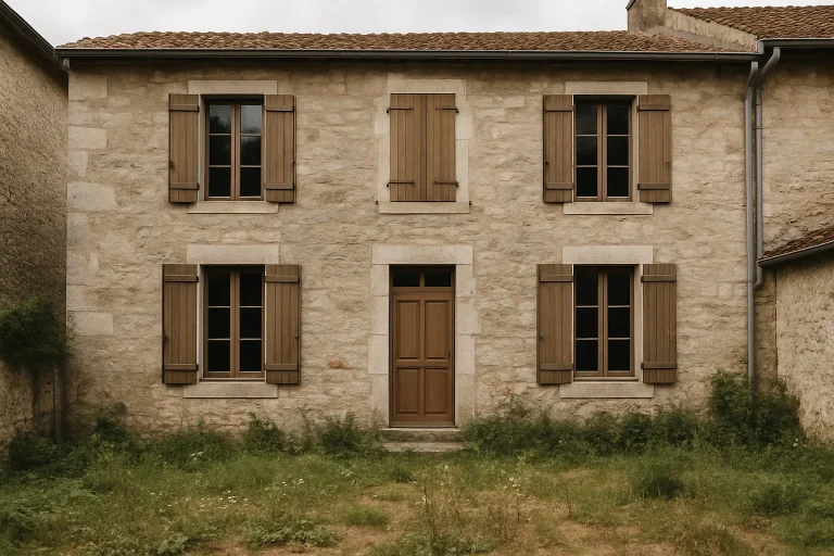 Maison ancienne à Commercy avec jardin en friche, murs en pierre et volets en bois.