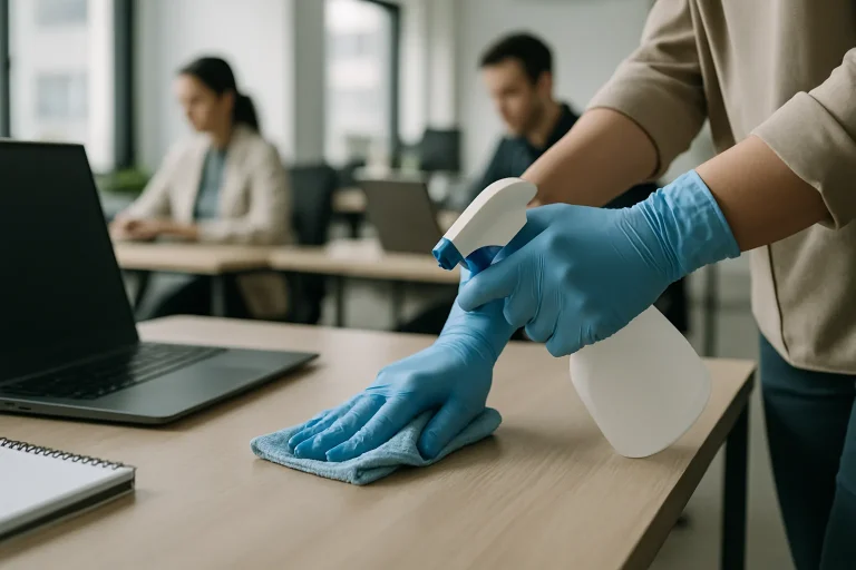 Mains nettoyant un bureau moderne avec des outils, employés au travail en arrière-plan flou