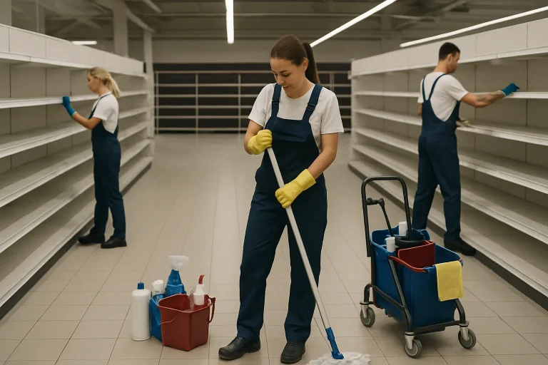 Équipe de nettoyage travaillant dans un magasin en Meuse pendant les heures de fermeture, rayons bien rangés.