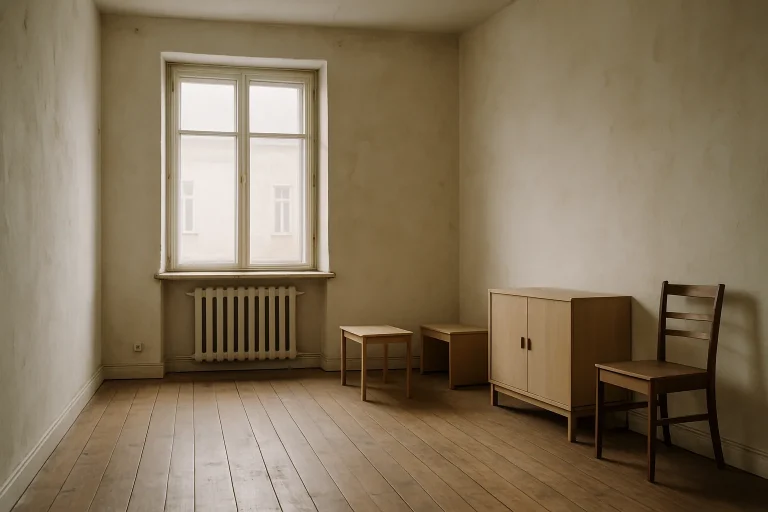 Intérieur d'un appartement vide avec murs défraîchis et plancher en bois.