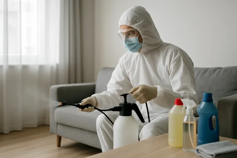 Professionnel en combinaison pulvérisant un produit dans un appartement pour remise en état après décès.
