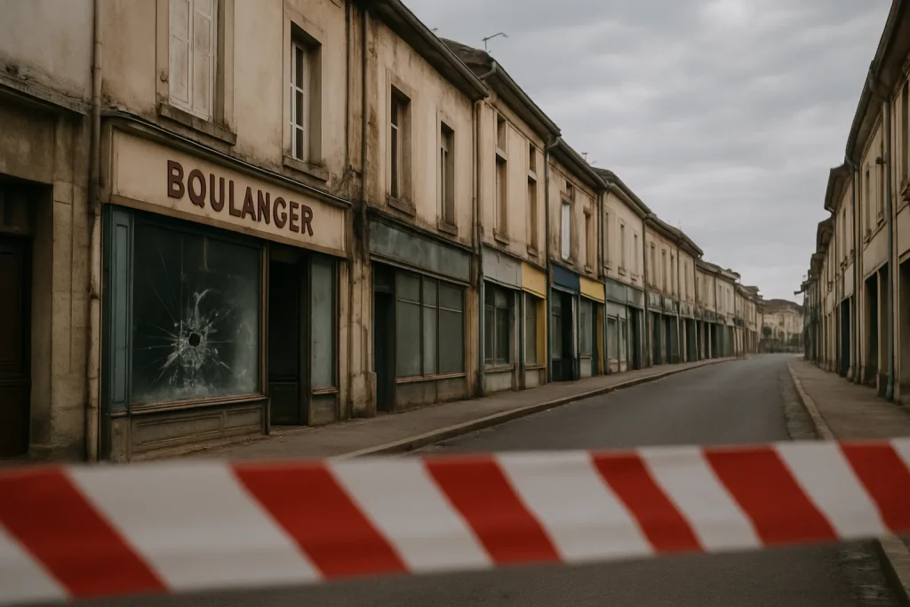 Rue de Commercy avec commerces vandalisés, vitres brisées, ruban de sécurité.