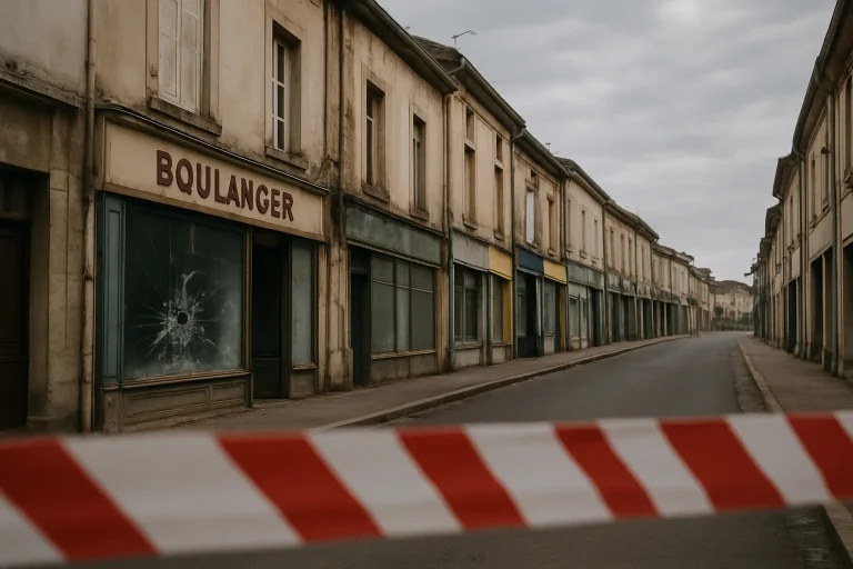 Rue de Commercy avec commerces vandalisés, vitres brisées, ruban de sécurité.