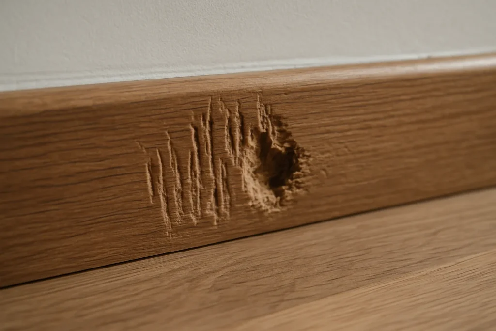 Détails des griffes et morsures de souris sur une plinthe en bois, lumière naturelle