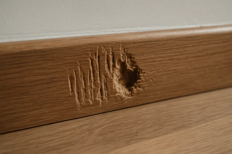 Détails des griffes et morsures de souris sur une plinthe en bois, lumière naturelle