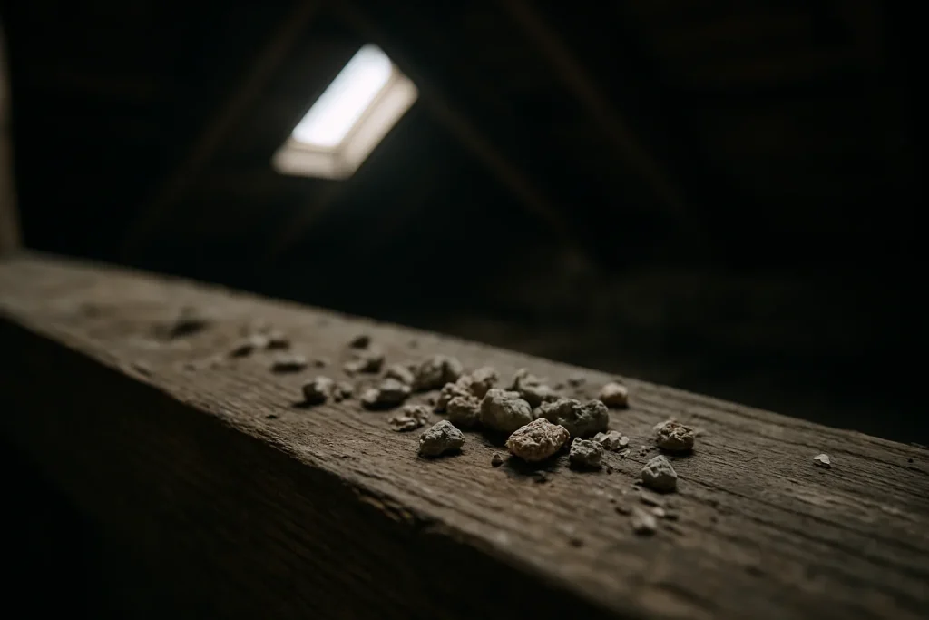 Gros plan de fientes de pigeon séchées sur une planche en bois dans un grenier avec lumière naturelle.