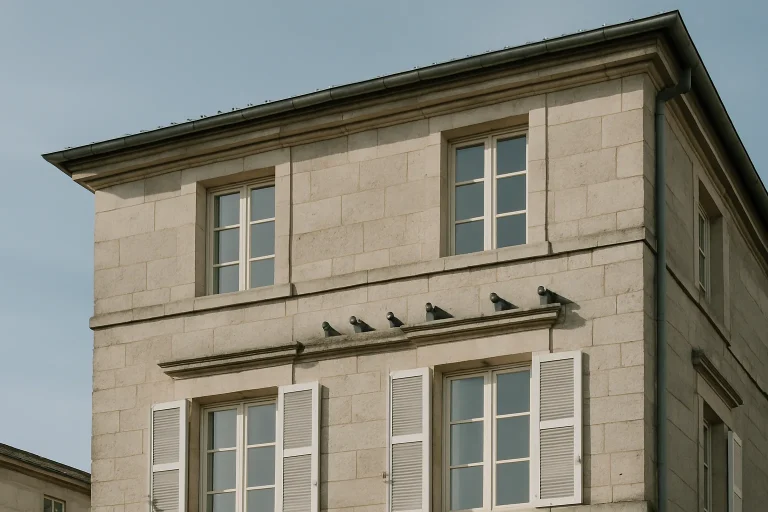 Pigeons sur un rebord d'immeuble à Saint-Mihiel, façade en pierre sous un ciel clair.